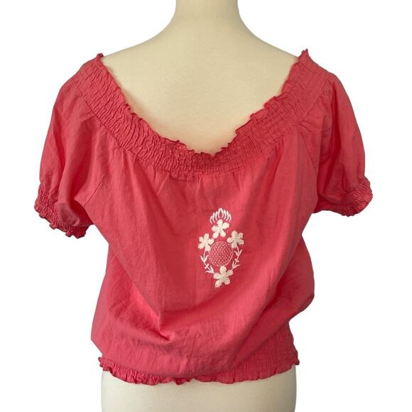 Embroidered Lightweight Cotton Cottage Blouse Bare Shoulder Red Boho Size Large - Picture 2 of 4